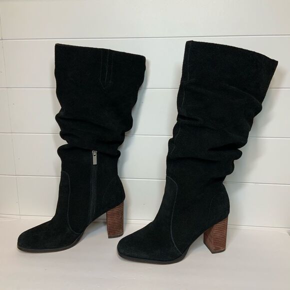 Splendid Gladis Black Suede Leather Ruched Knee High Heeled Boots Size 8.5 - Picture 3 of 16